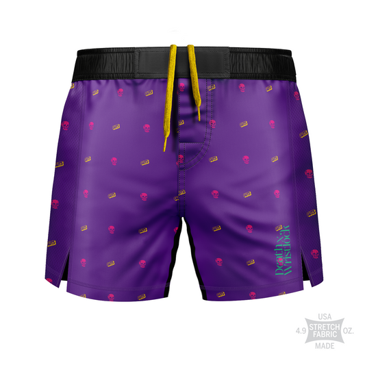 Death by Wristlock: Guts Confetti men's fight shorts, purple