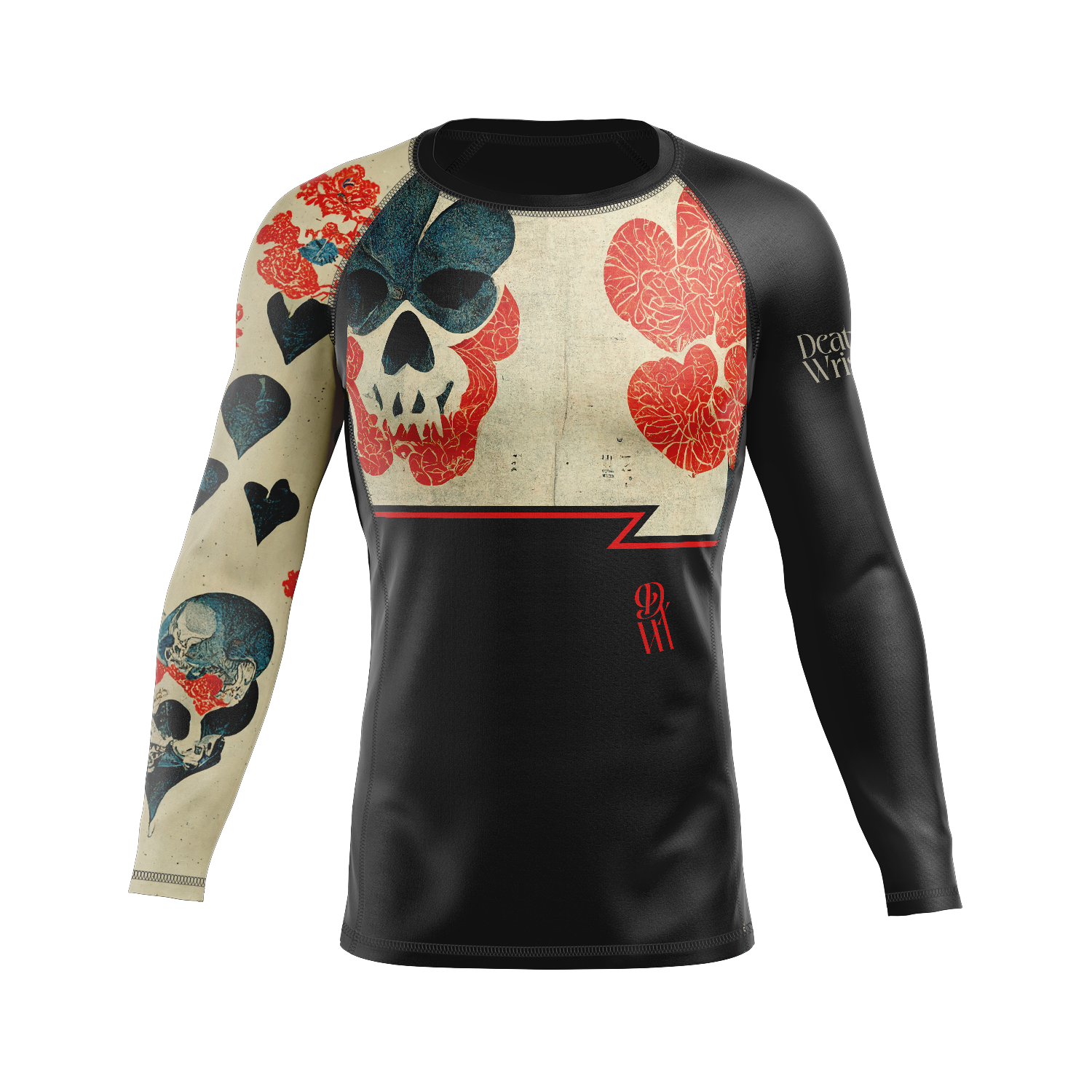 Long-sleeve shirt with skull and floral design on a white background