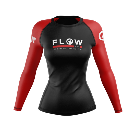 Flow BJJ women's rash guard Standard Issue, black and red